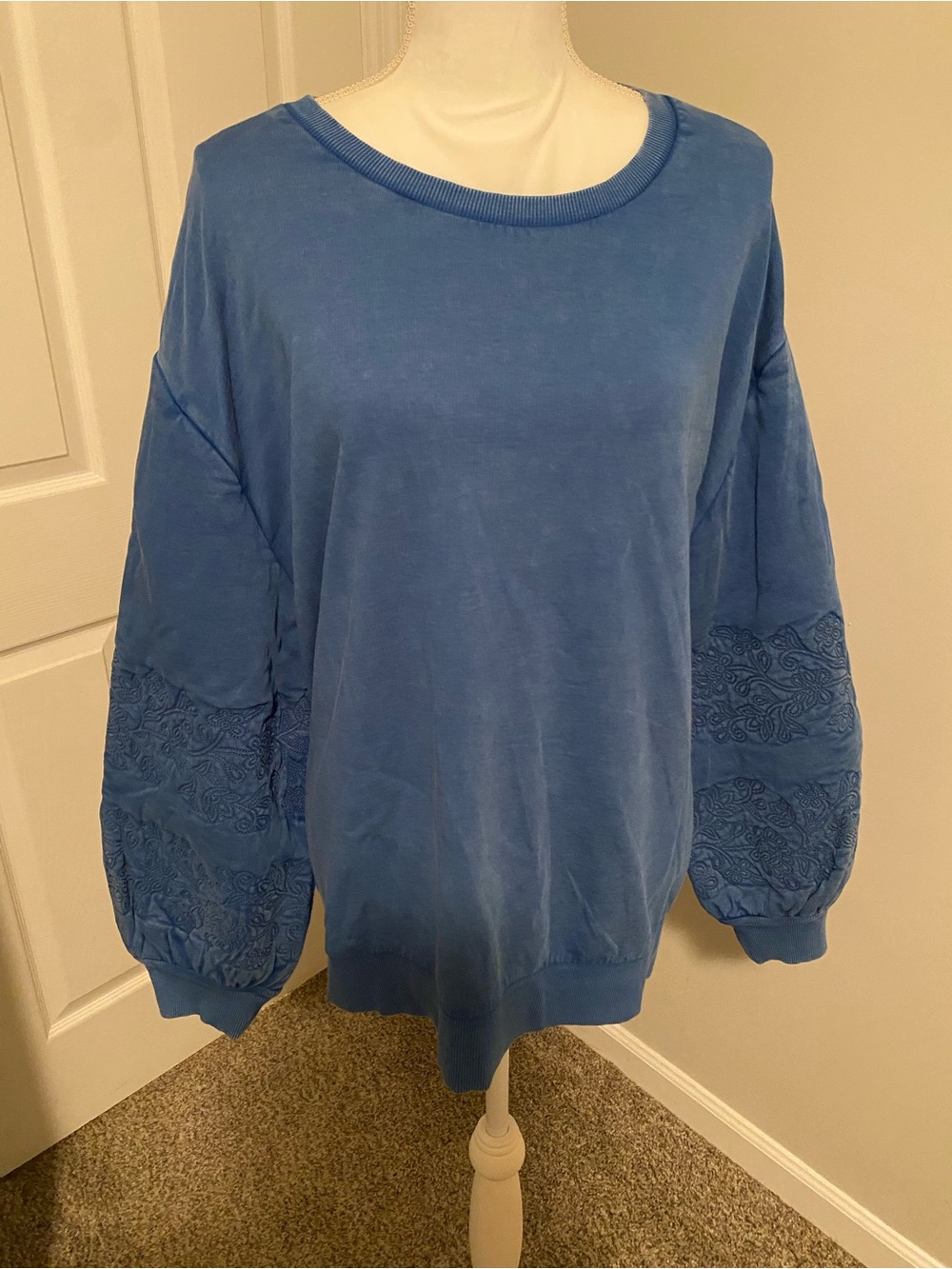 Blue Women's Embroidered Sleeve Pullover Top by Wonderly Size 2X NWT